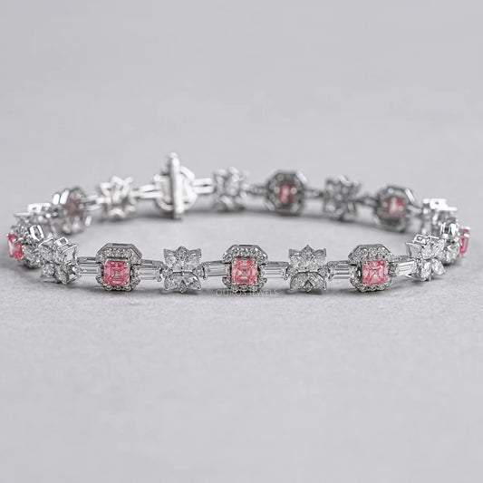 Flower And Pink Asscher Diamond Tennis Bracelet Bracelet