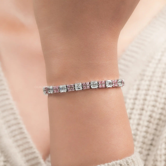 Asscher Cut Pink Round Lab Diamond Tennis Bracelet