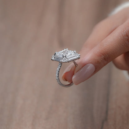 Asscher Cut Baguette Halo Accent Diamond Engagement Ring
