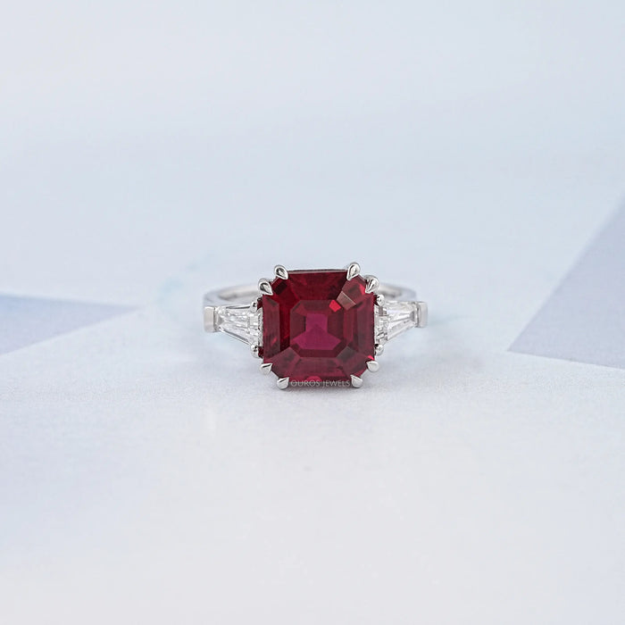 Asscher Cut Ruby Gemstone Tri Stone Ring