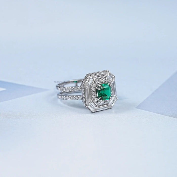 Green Asscher Gemstone Halo Ring