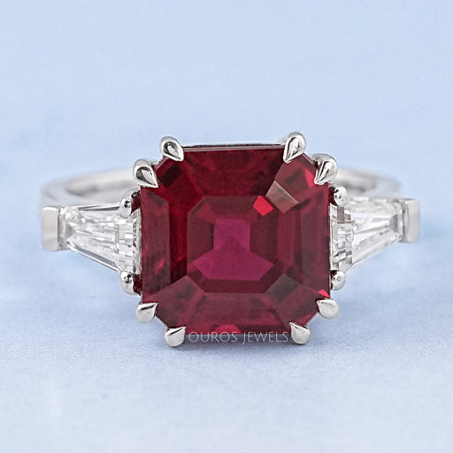 asscher cut ruby gemstone double prong three stone engagement ring's front view