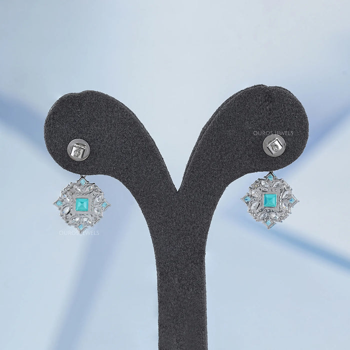 Asscher Paraiba Lab Gemstone Diamond Cluster Drop Earrings