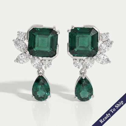 Green Asscher Gemstone And Marquise Diamond Drop Earrings