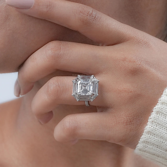 Asscher Cut Baguette Halo Accent Diamond Engagement Ring