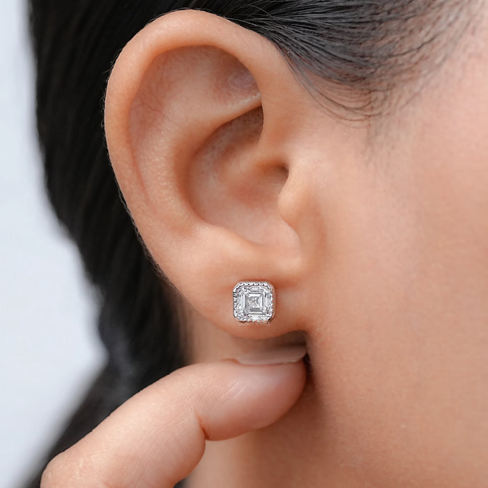 Milgrain Set Asscher Lab Diamond Stud Earrings