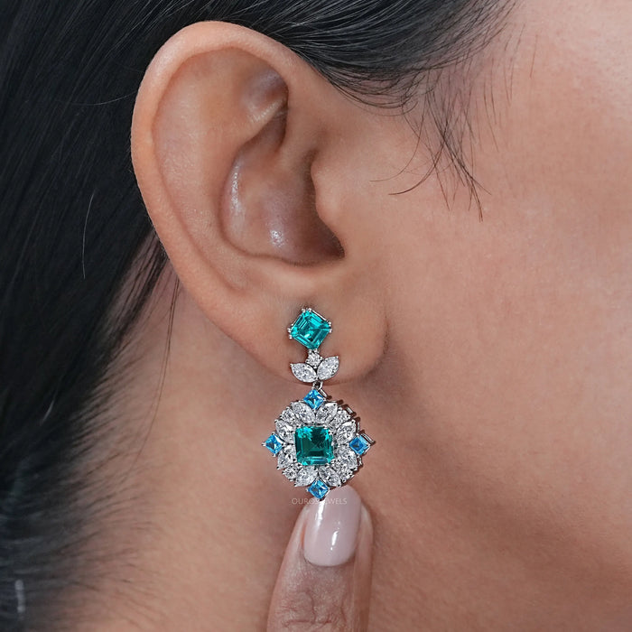 Asscher Paraiba Lab Gemstone Diamond Cluster Drop Earrings