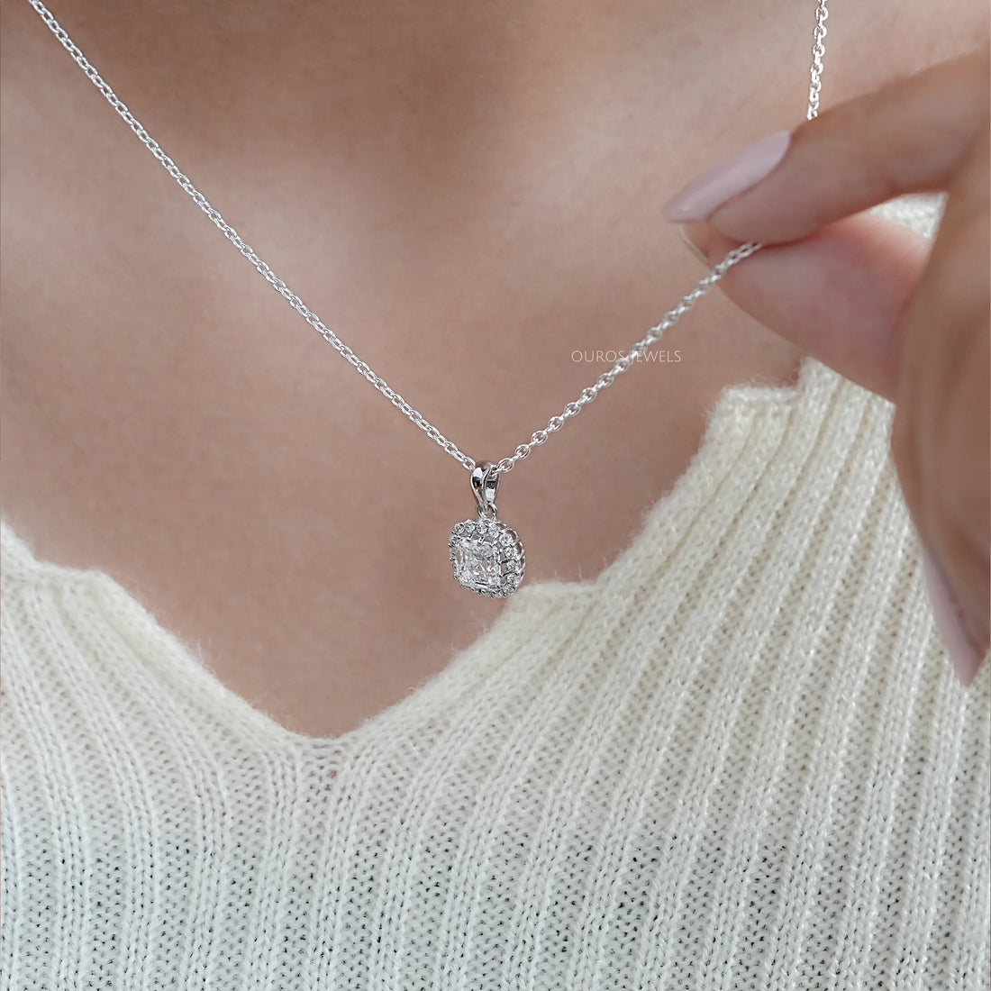 Asscher Lab Diamond Halo Pendant Necklaces