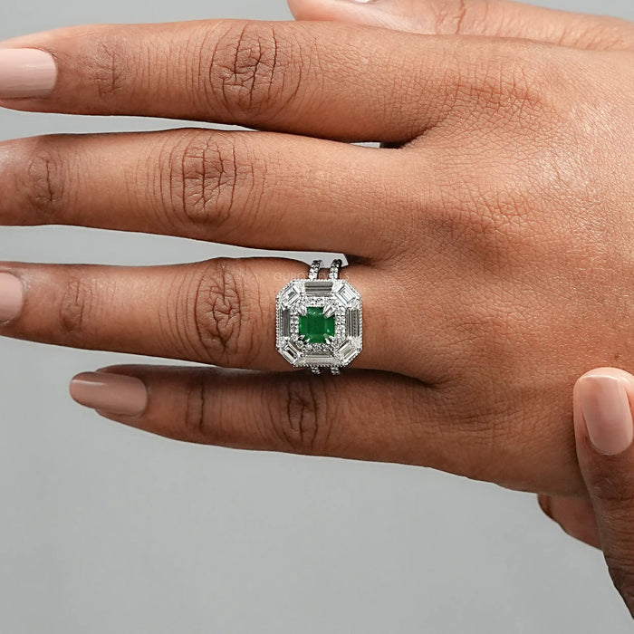 Green Asscher Gemstone Halo Ring