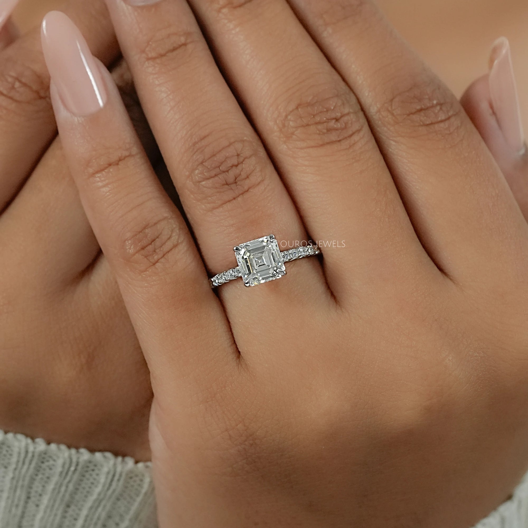 Asscher Lab Diamond Hidden Halo Accent Ring Ring