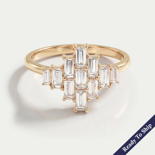 Yellow Gold Baguette Cut Cluster Diamond Engagement Ring