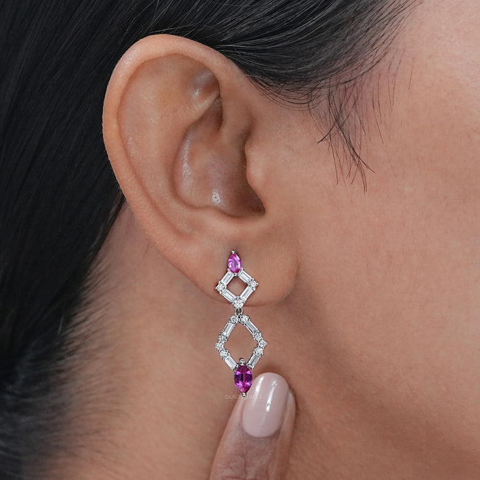 Pink Gemstone And Diamond Drop Dangle Earrings