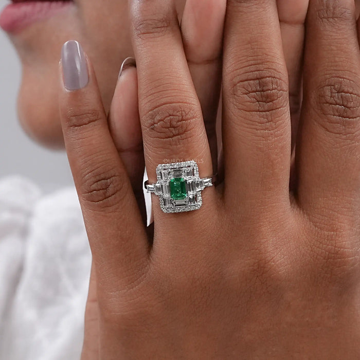 Green Emerald And Lab Diamond Halo Engagement Ring