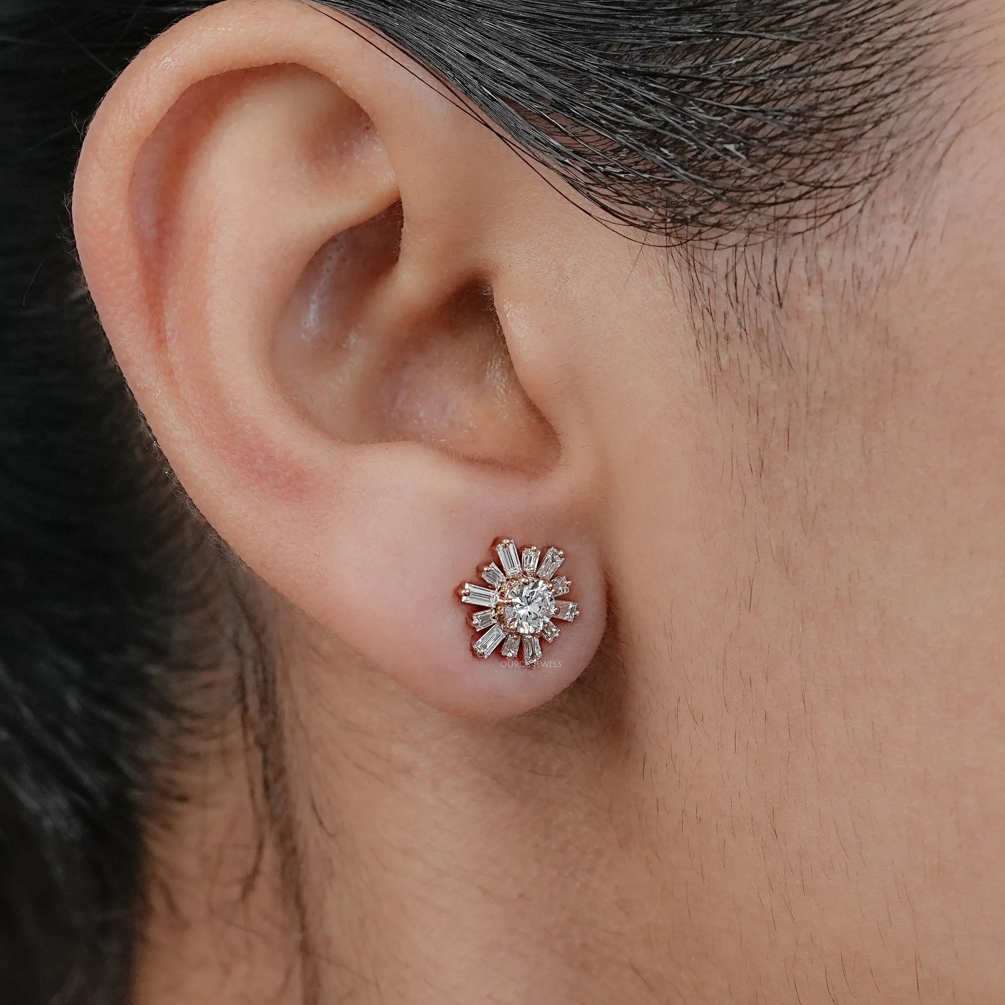 Round & Tapered Baguette Diamond Stud Earrings Earring