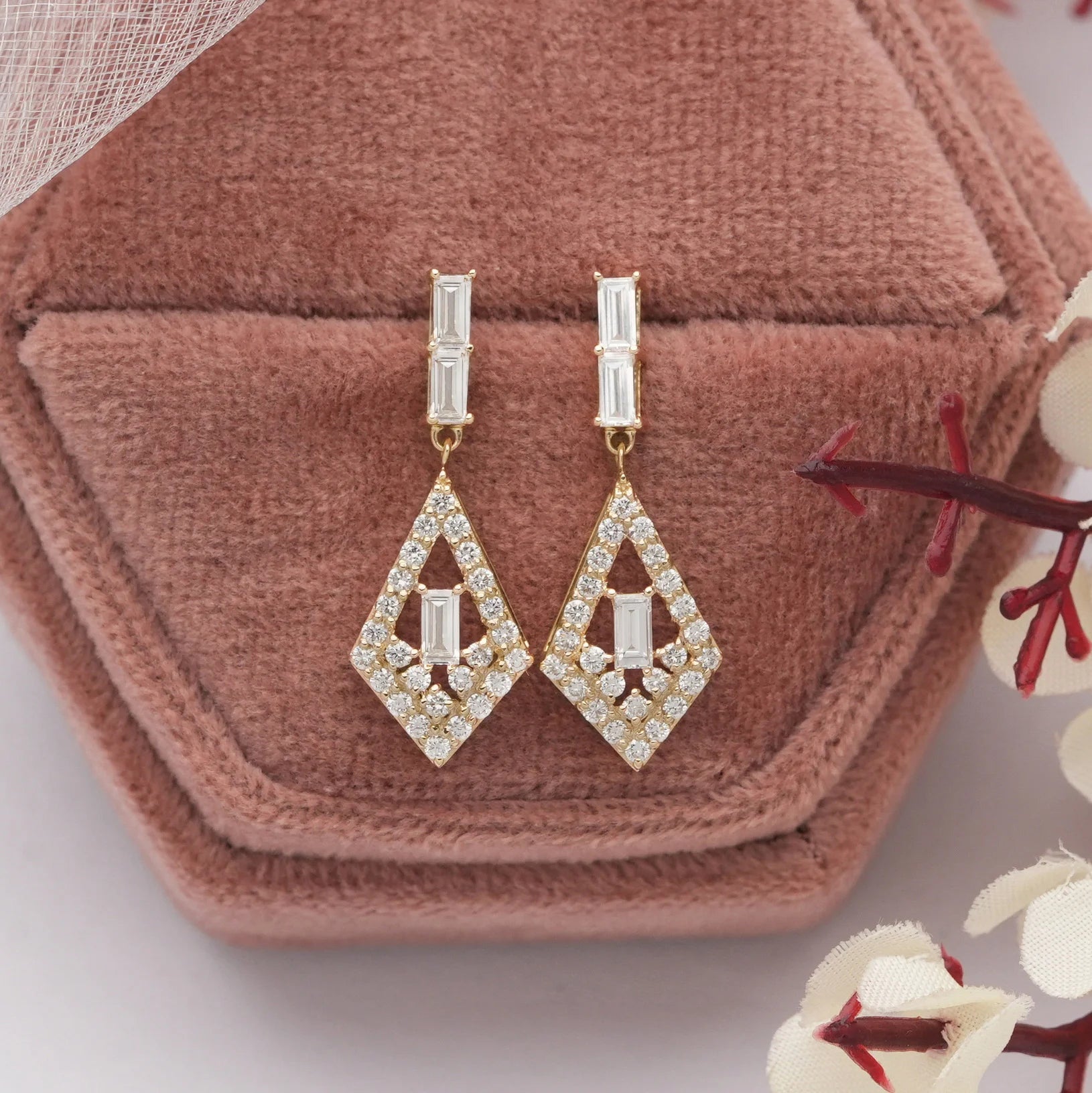 Baguette Cut & Round Halo Lab Grown Diamond Drop Earrings