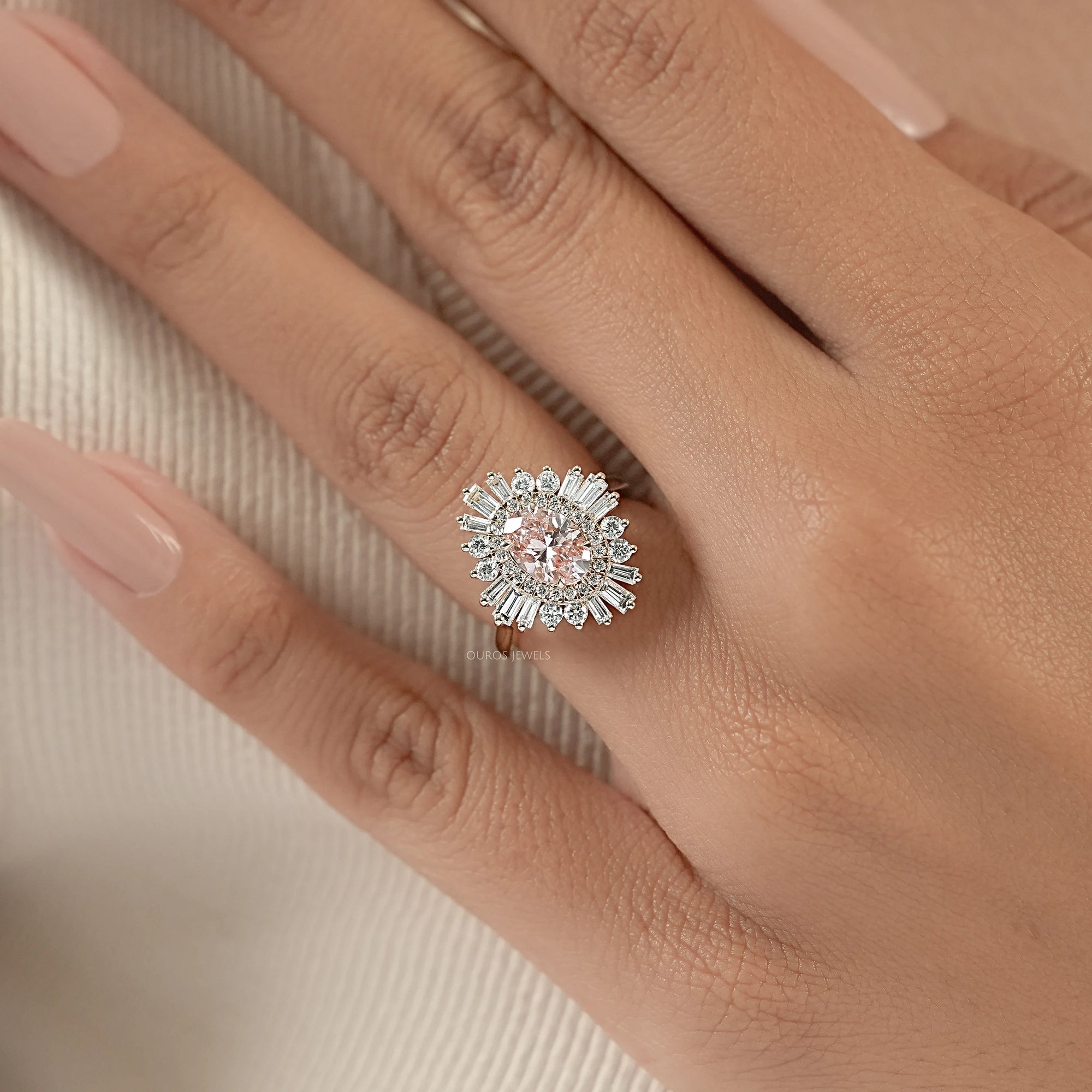 Fancy Vivid Pink Oval Cut Double Halo Sunbrust Ring Rings
