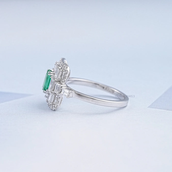 Green Emerald And Lab Diamond Halo Engagement Ring