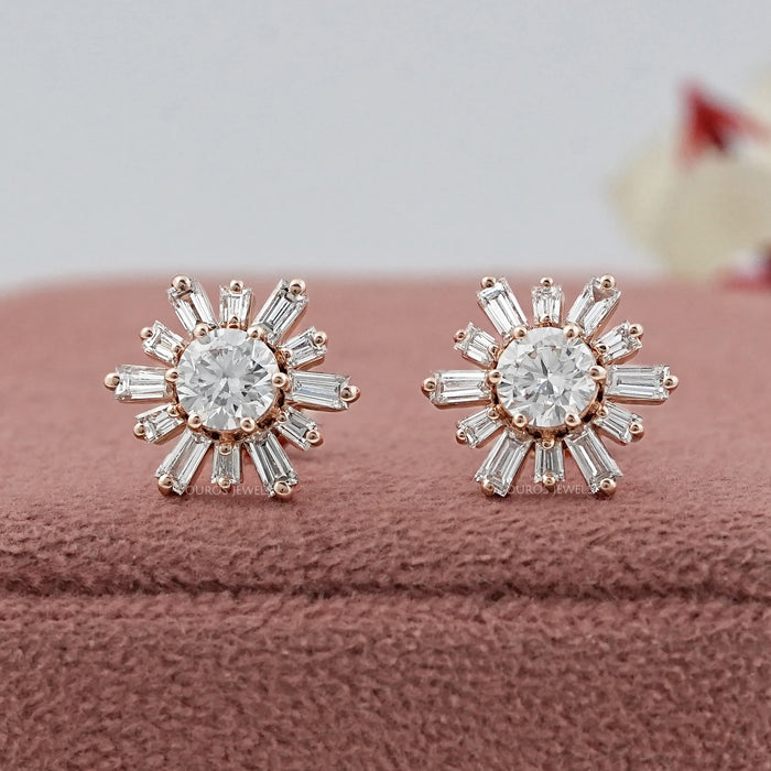 Tapered Baguette Diamond Stud Earrings With Round Cut