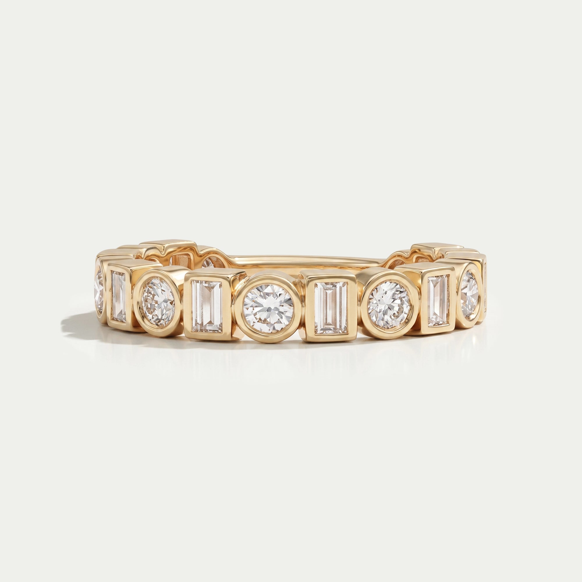 Baguette And Round Cut Diamond Bezel Set Wedding Band
