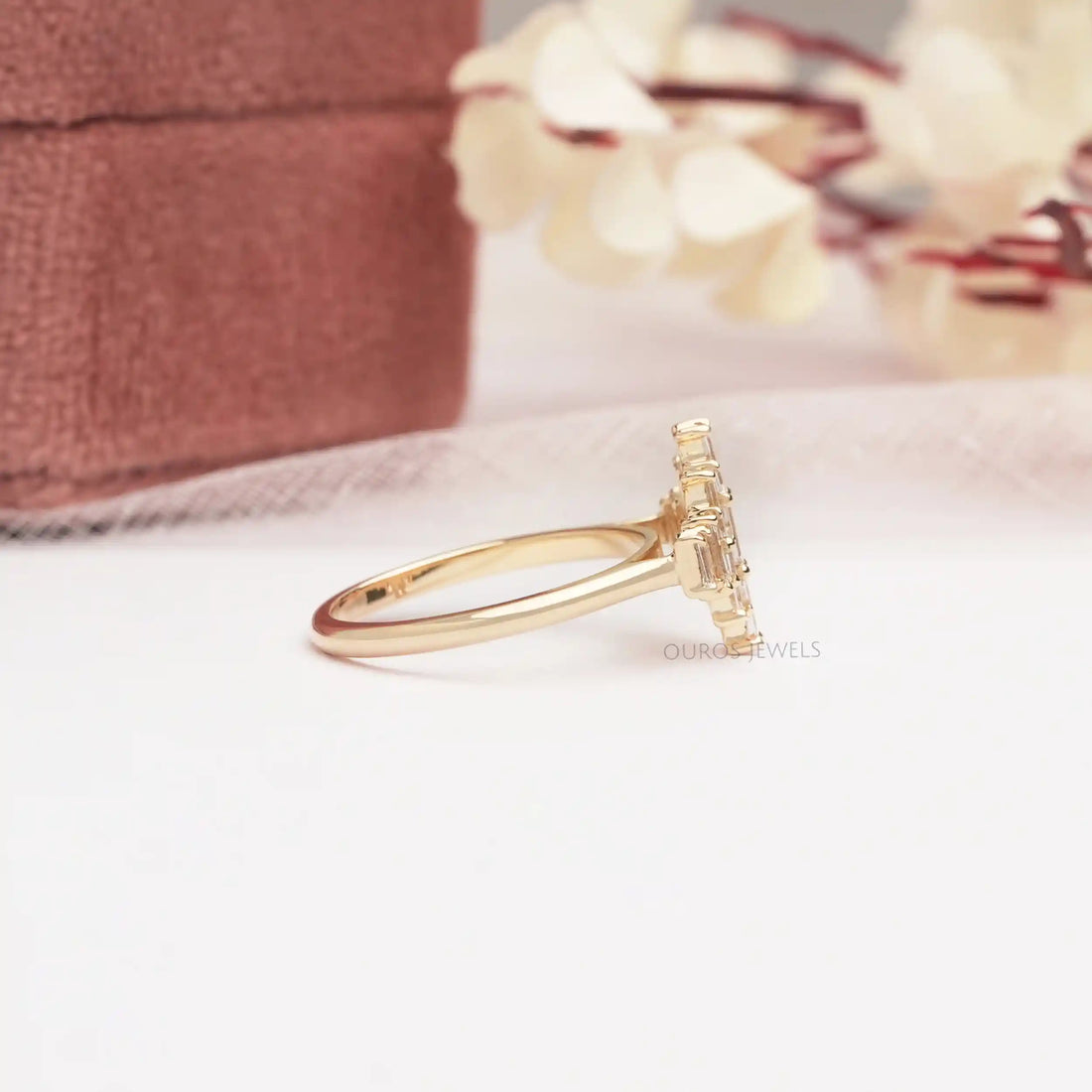 Yellow Gold Baguette Cut Cluster Diamond Engagement Ring