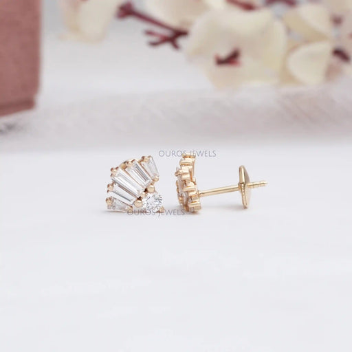 tapered baguette & round cut diamond push flat back stud earrings yellow gold