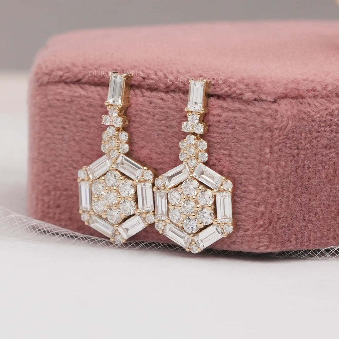 Hexagon Shape Baguette And Round Cut Screw Back Earrings