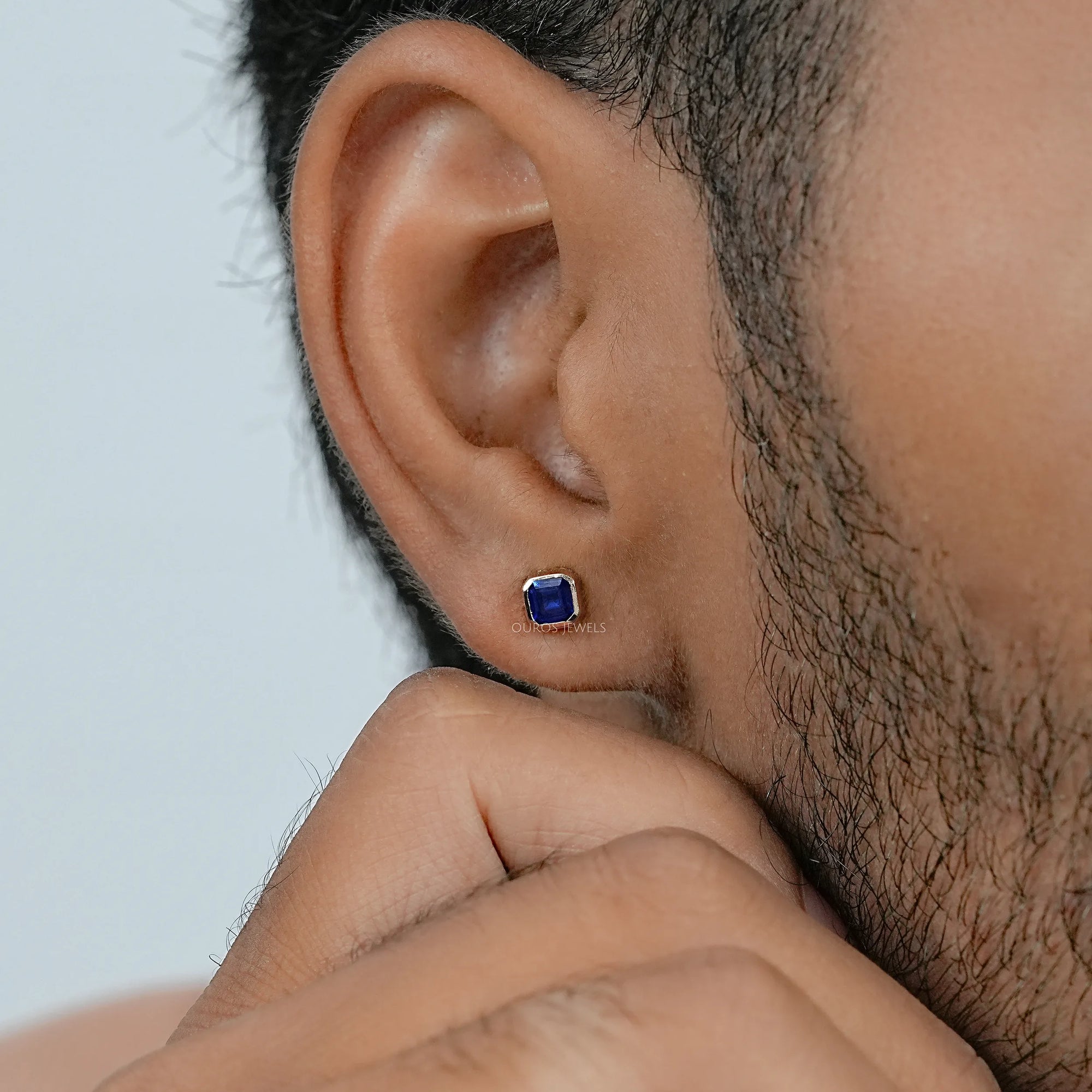 Sapphire Asscher Gemstone Bezel Men's Stud Earring
