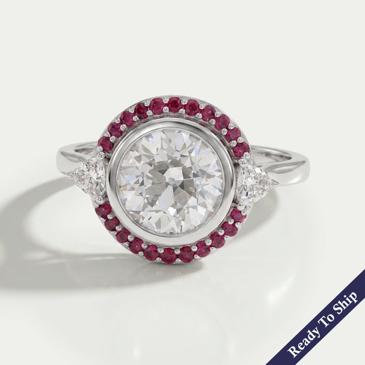 Bezel OEC Round Cut And Pink Sapphire Halo Engagement Ring