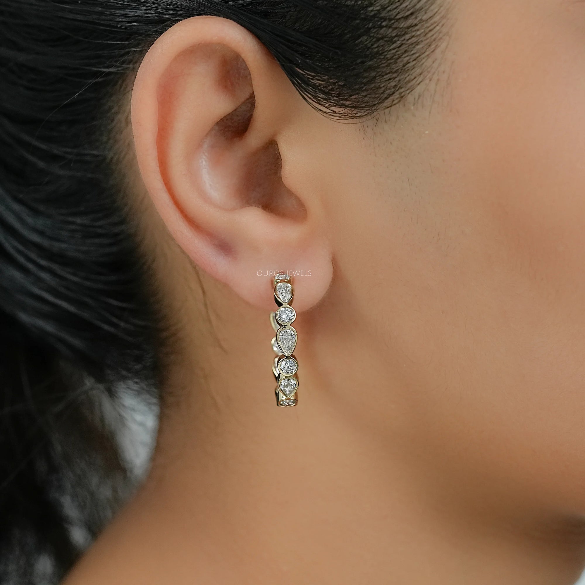 Pear And Round Diamond Bezel Set C Hoop Earrings Earring