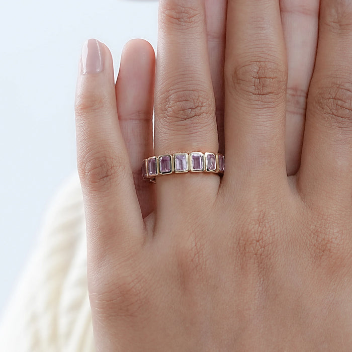 Sapphire Pink Emerald Cut Bezel Set Eternity Wedding Band