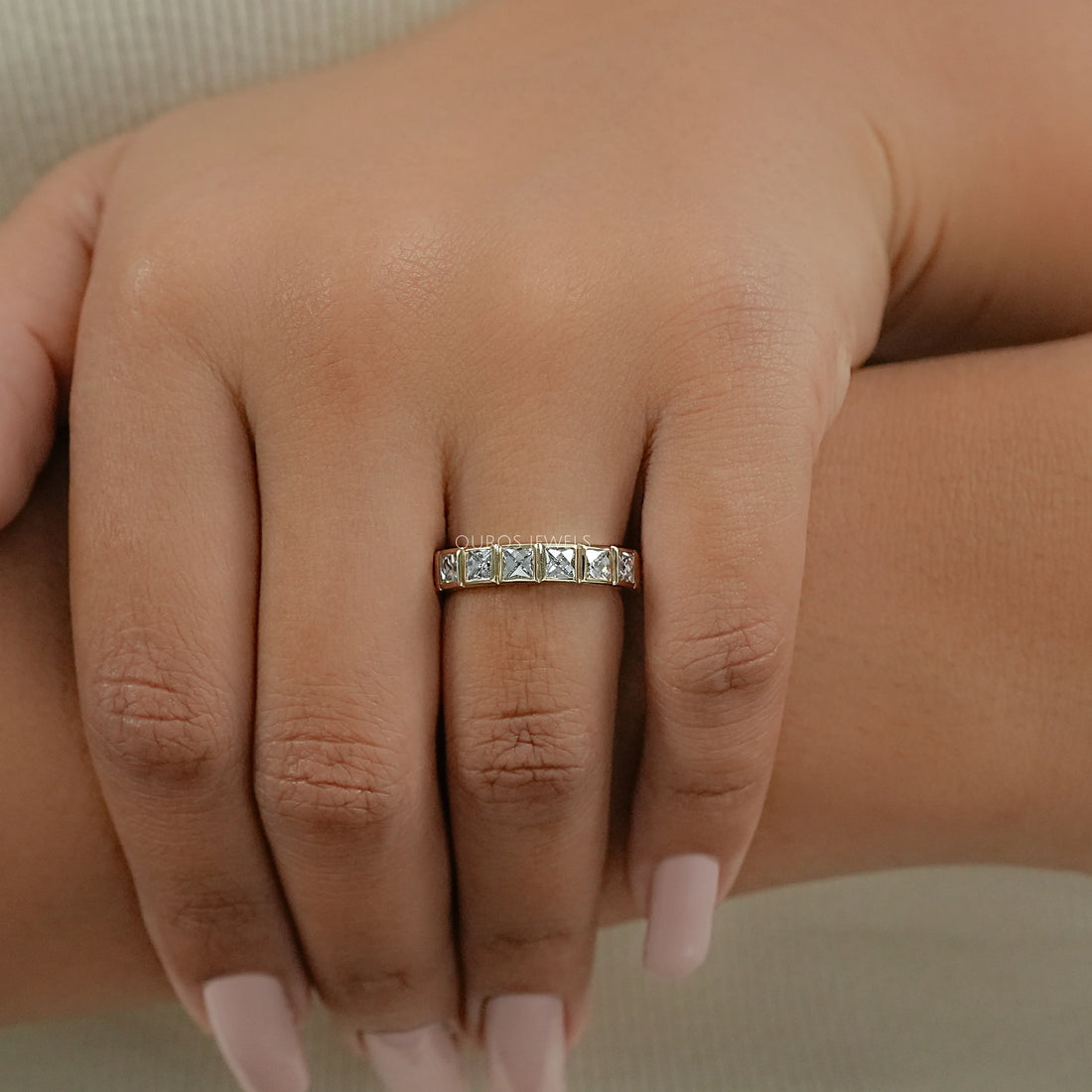 Bezel Set French Cut Diamond Half Eternity Band Ring