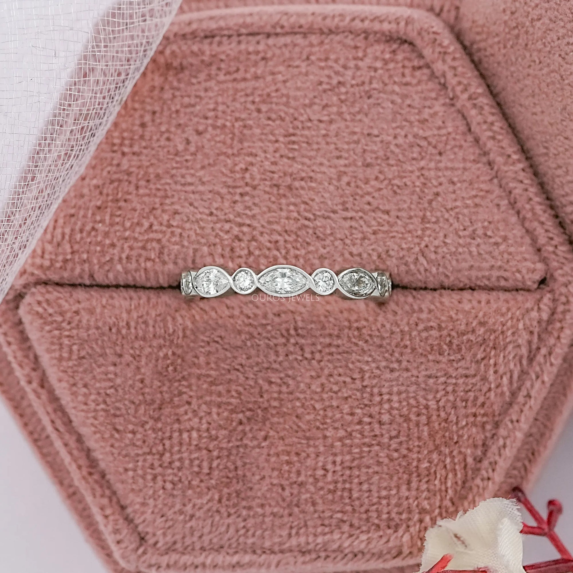 Marquise And Round Diamond Bezel Wedding Band Ring