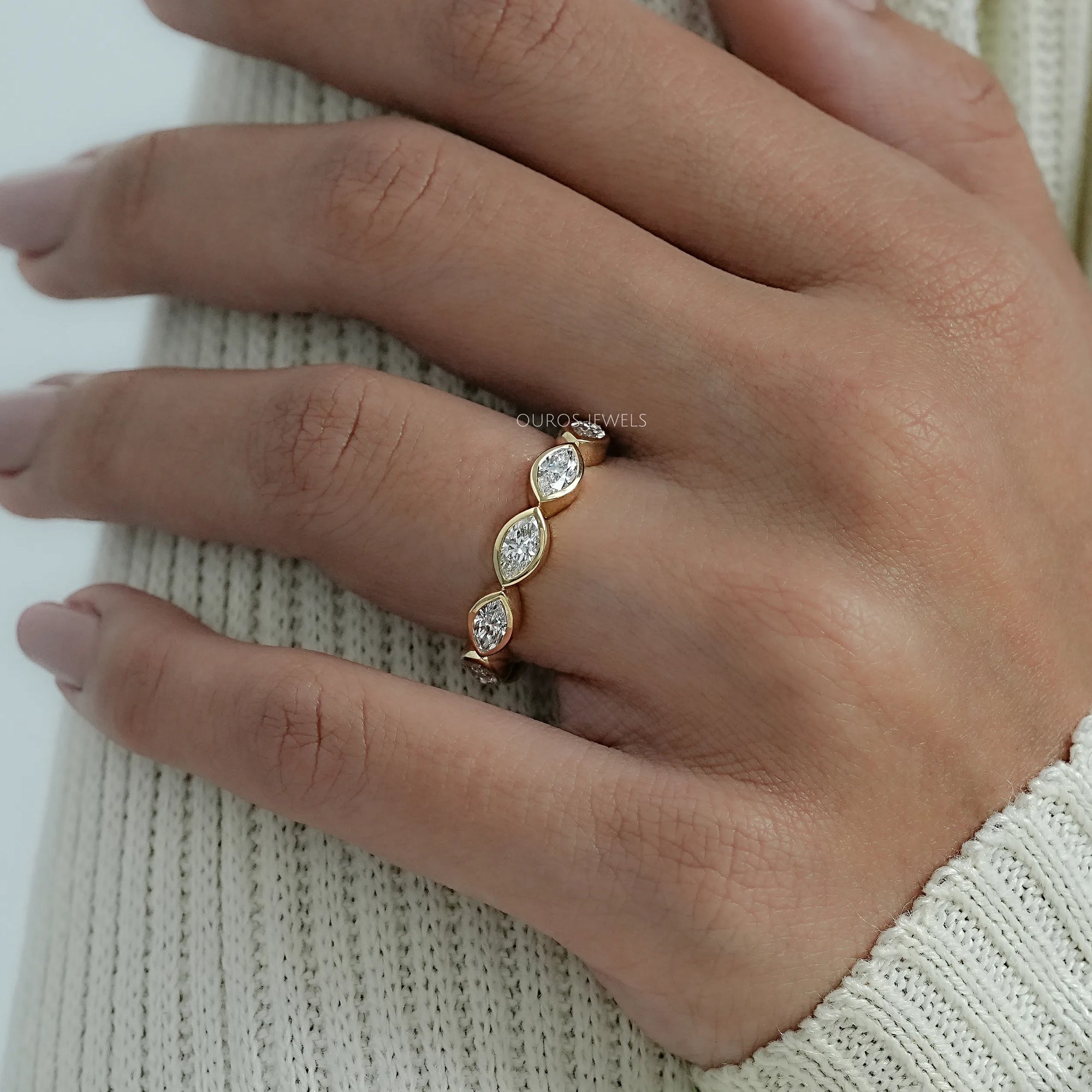 East West Marquise Diamond Bezel Set Half Eternity Band Ring
