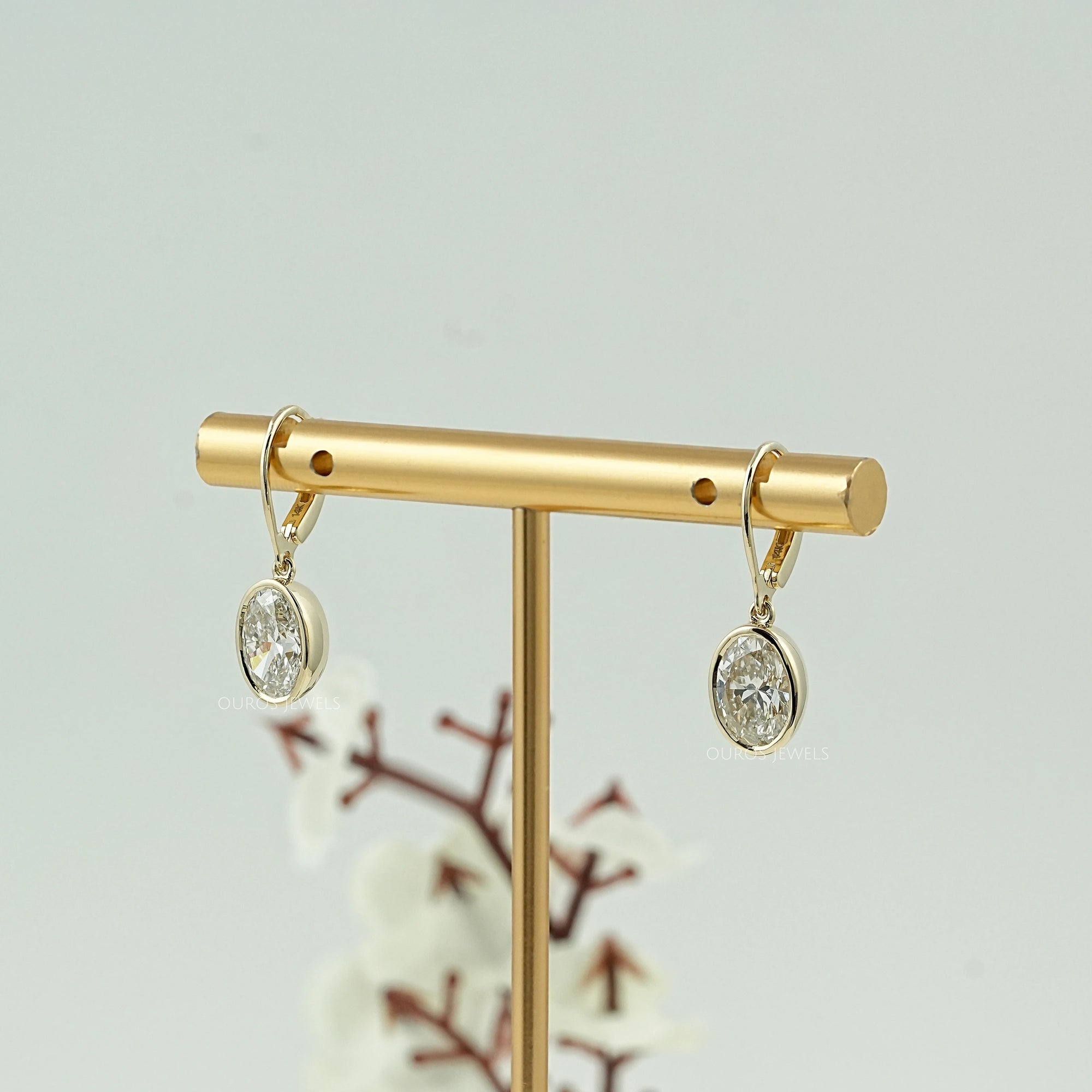 Oval Diamond Bezel Set Drop Hoop Earrings Earrings