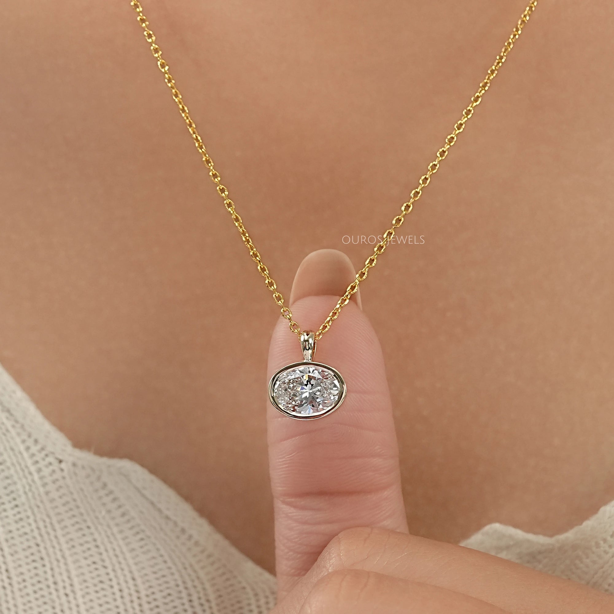 Oval Lab Diamond Bezel Set Solitaire Pendant Necklaces
