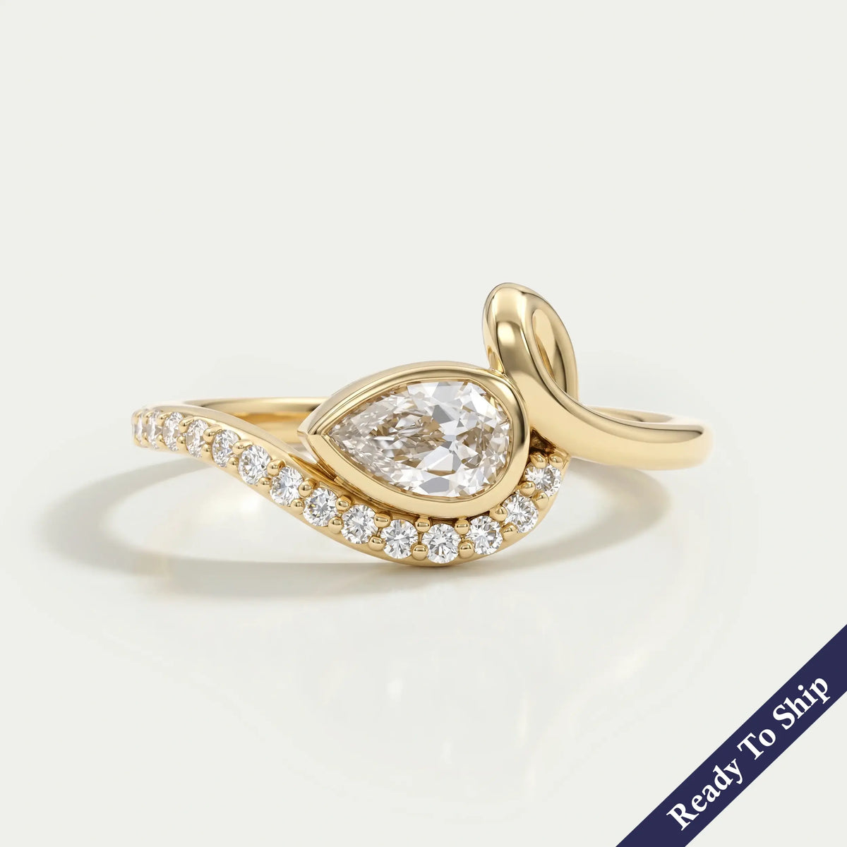 Bezel Old Mine Pear Diamond Wave Accent Ring
