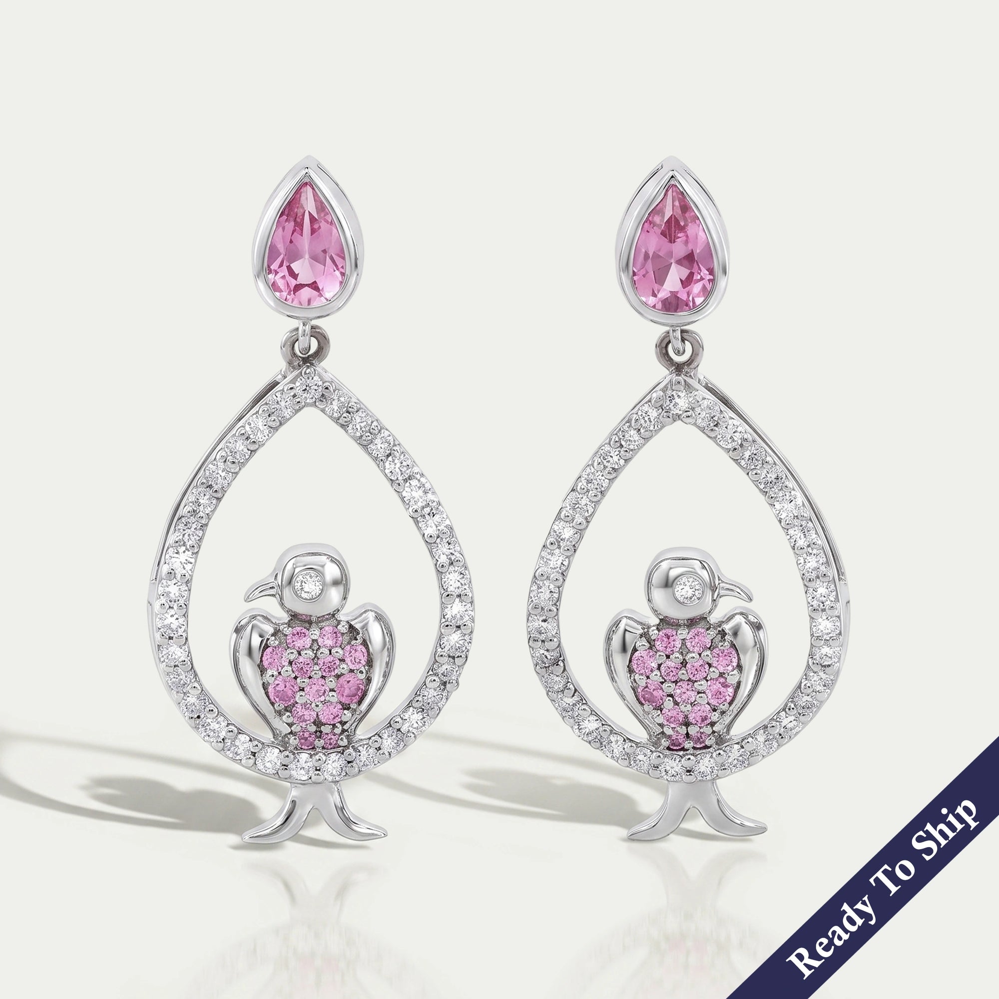 Bezel Set Pink Pear Cut Gemstone Dangle Bird Earrings Earrings