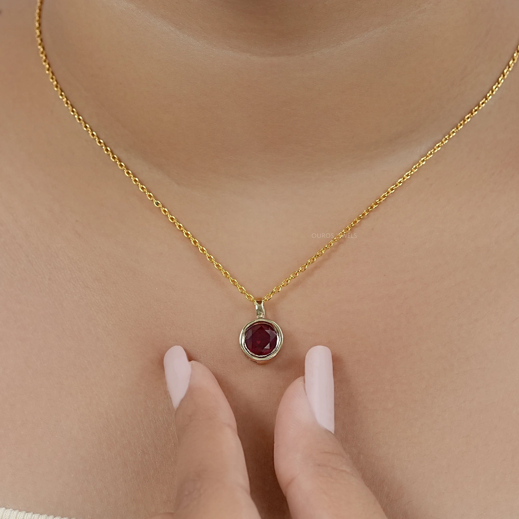 Pigeon Blood Ruby Round Gemstone Bezel Pendant Necklaces