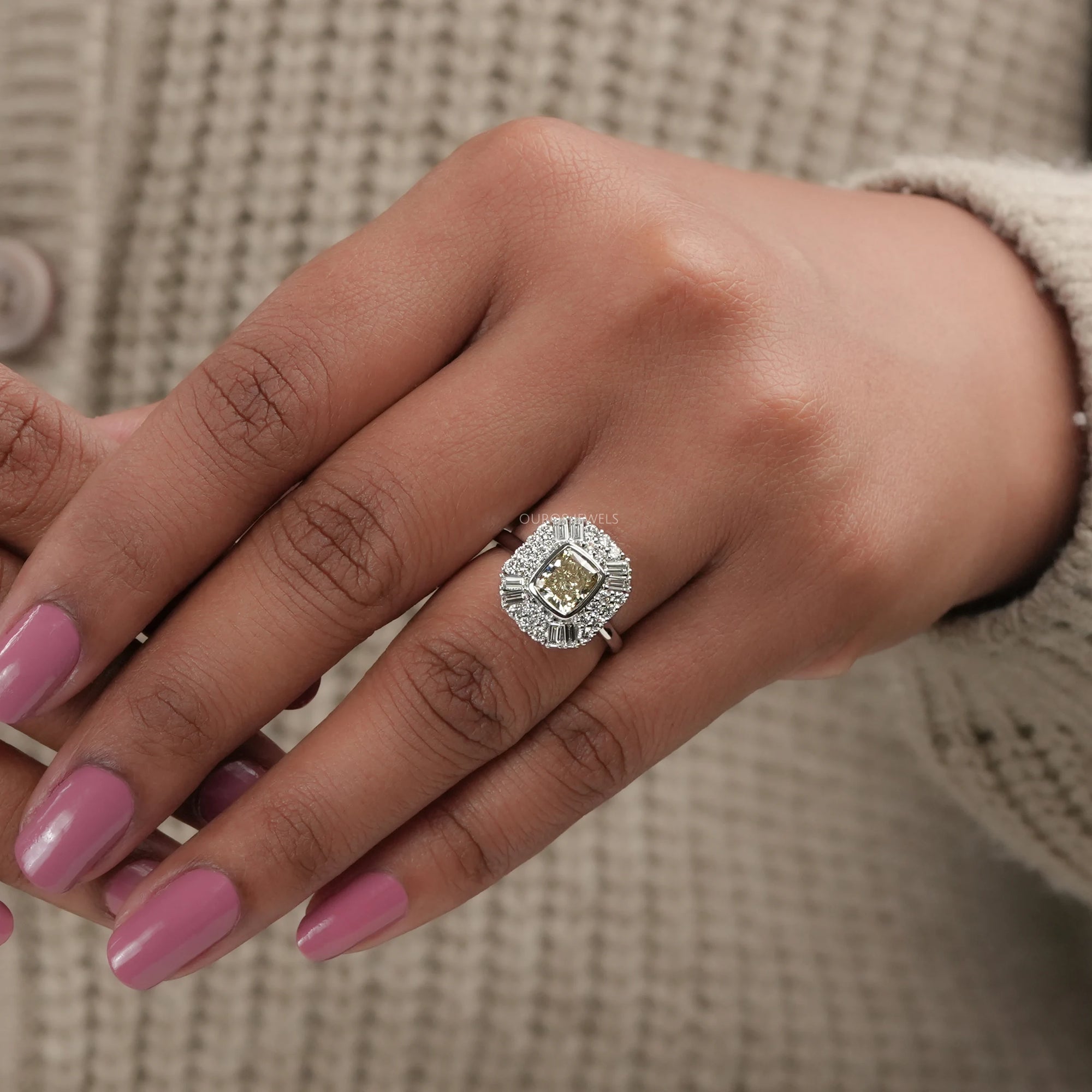 Yellow Cushion Cut Bezel Set Cluster Diamond Ring