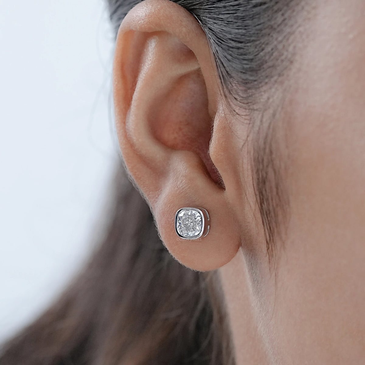 Square Cushion Lab Diamond Bezel Stud Earrings