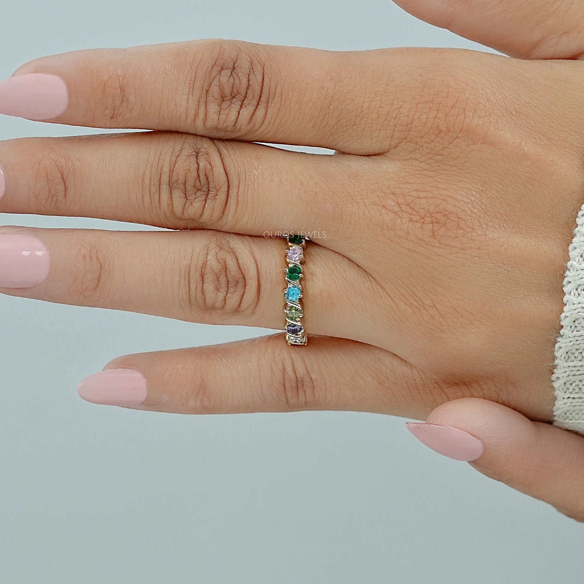 Multi Gemstone Half Eternity Wedding Band Ring