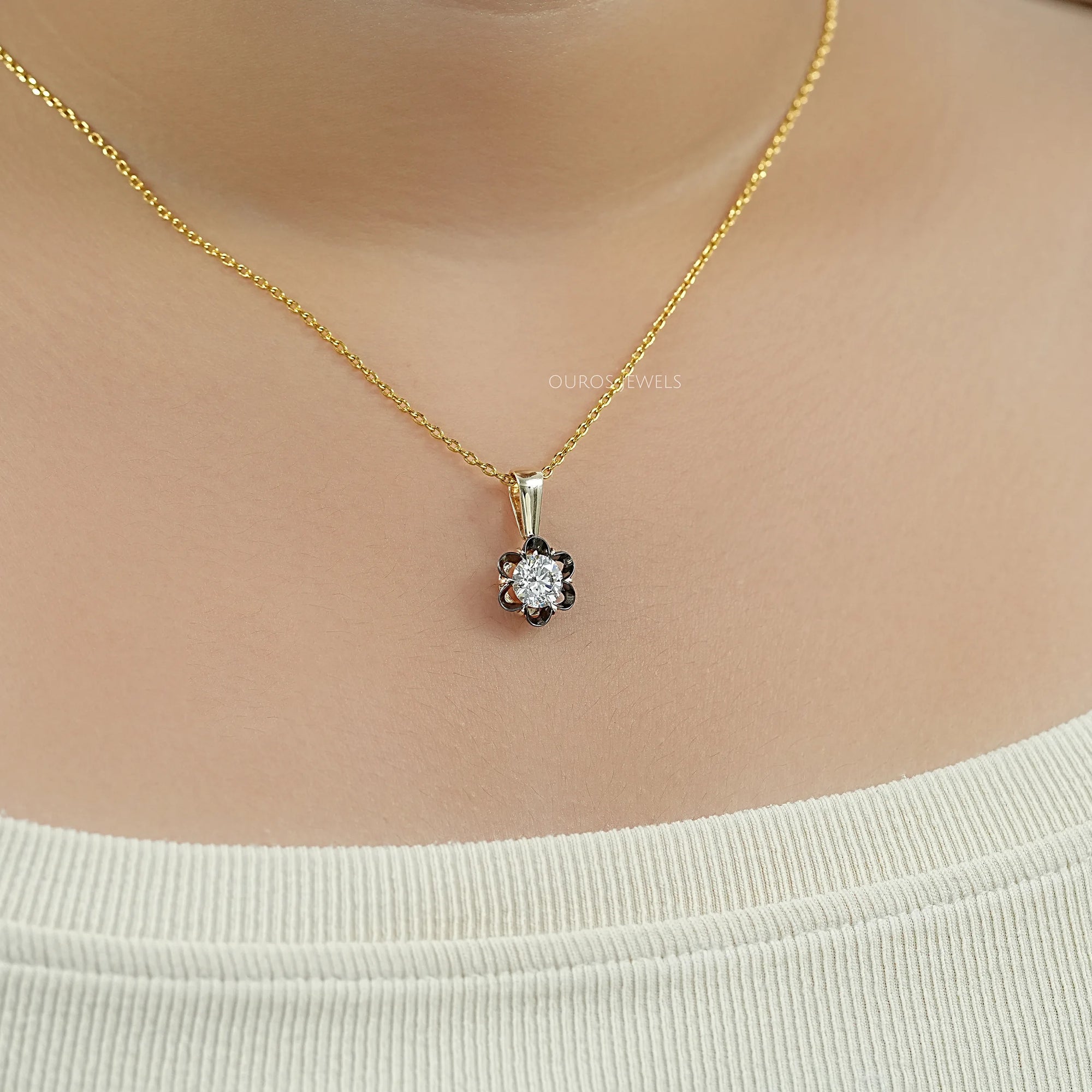 Round Lab Diamond Black Coated Flower Pendant Necklaces