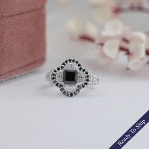 Half Moon Halo Black Diamond Engagement Ring