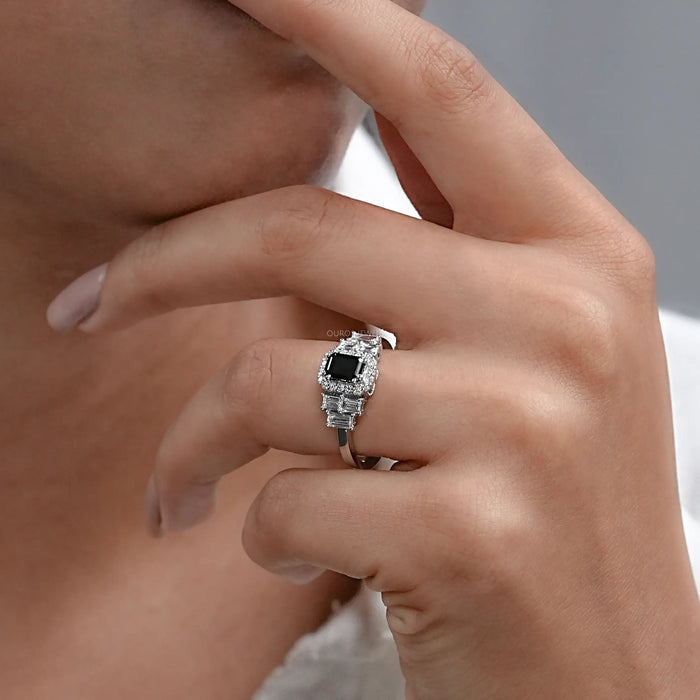 Black Emerald Cut Accent Diamond Engagement Ring