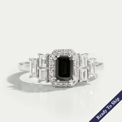 Black Emerald Diamond Accent Halo Engagement Ring Rings