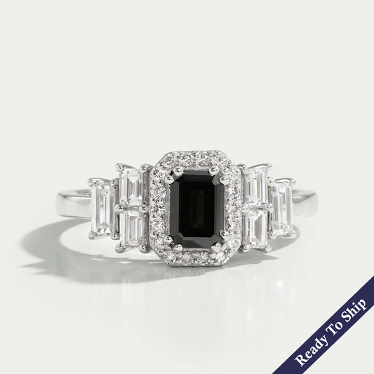 Black Emerald Diamond Accent Halo Engagement Ring Rings