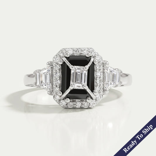 Black Emerald Diamond Three Stone Engagement Ring Rings