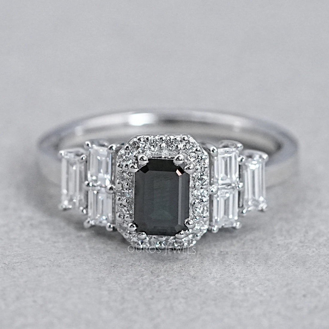 Black Emerald Cut Accent Diamond Engagement Ring Rings