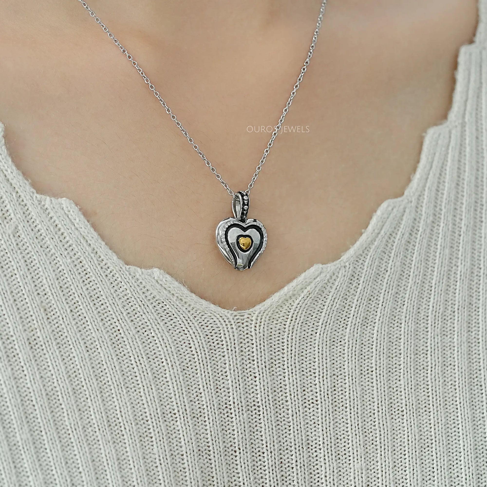 Heart Shaped Round Diamond Signet Pendant Necklaces