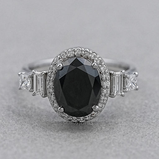 front view of black oval-cut lab diamond halo 5-stone colored engagement ring